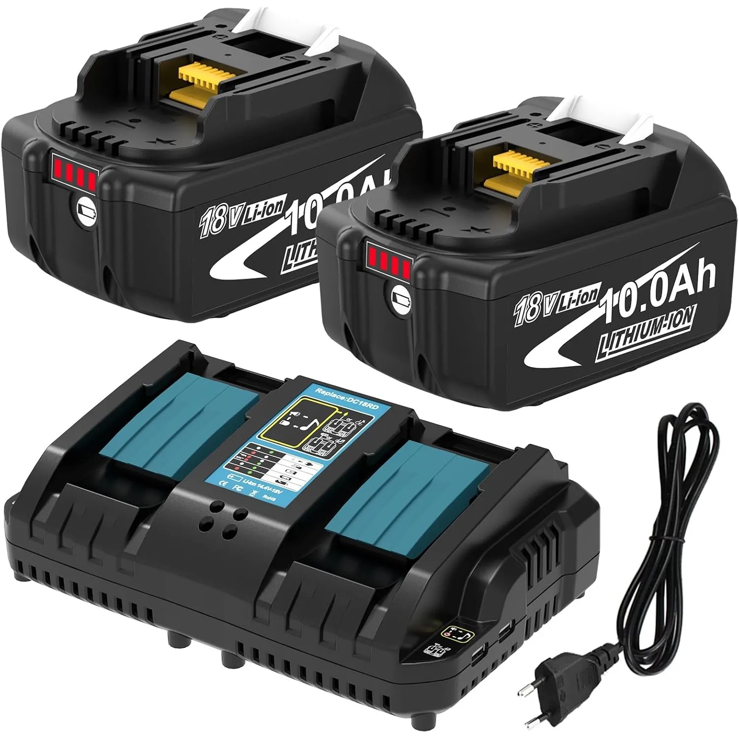 2 Stück 10.0Ah Ersatzakku für Makita Akku 18V+Doppel-Ladegerät DC18RD