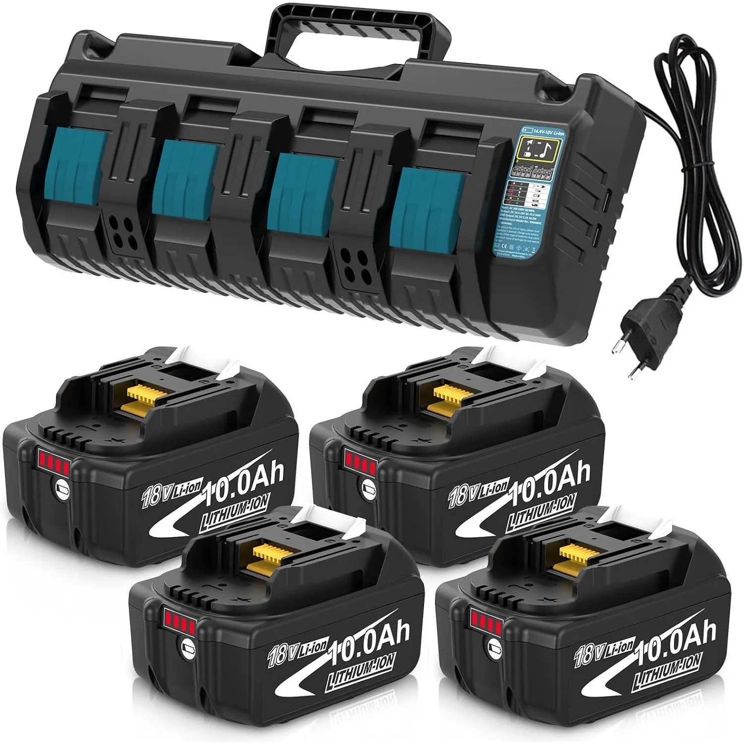 4Stück 10.0Ah Ersatz für Makita Akku 18V 10Ah + Vierfach-Ladegerät DC18SF