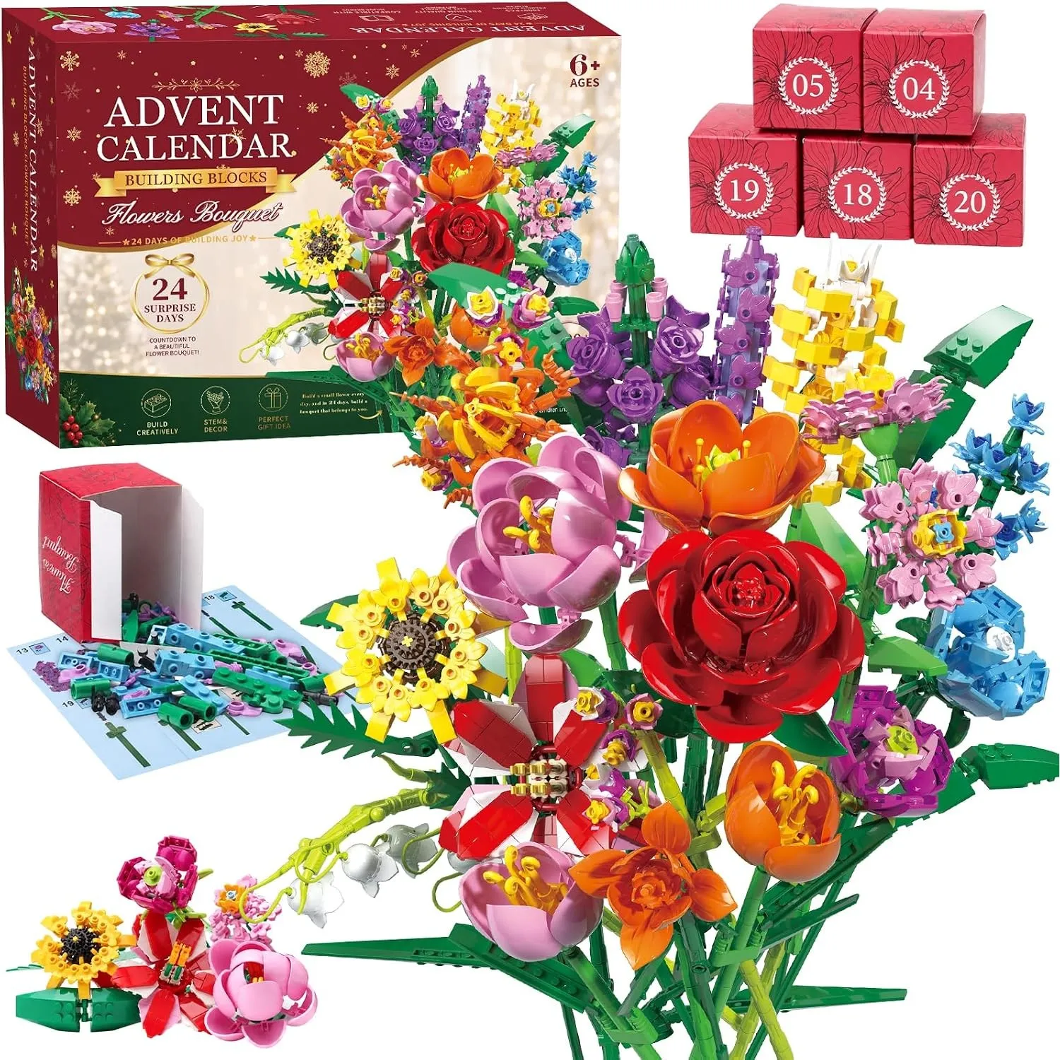 Blumen Adventskalender 2026, 24 Tage Bausteine-Set für Frauen
