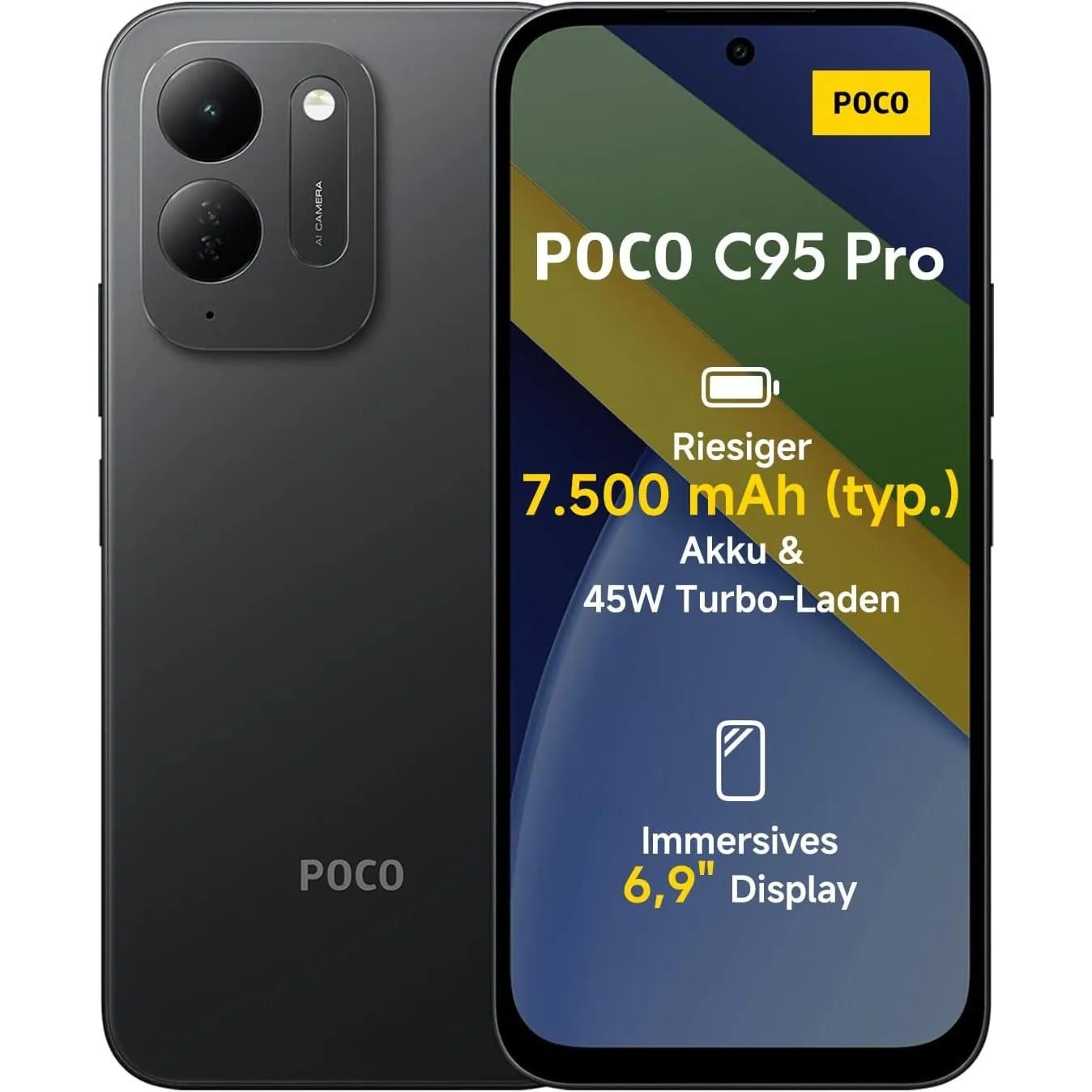 Xiaomi Poco C95 Pro, Smartphone 6+128 GB, Schwarz, 7500 mAh Akku, 45W Schnellladen