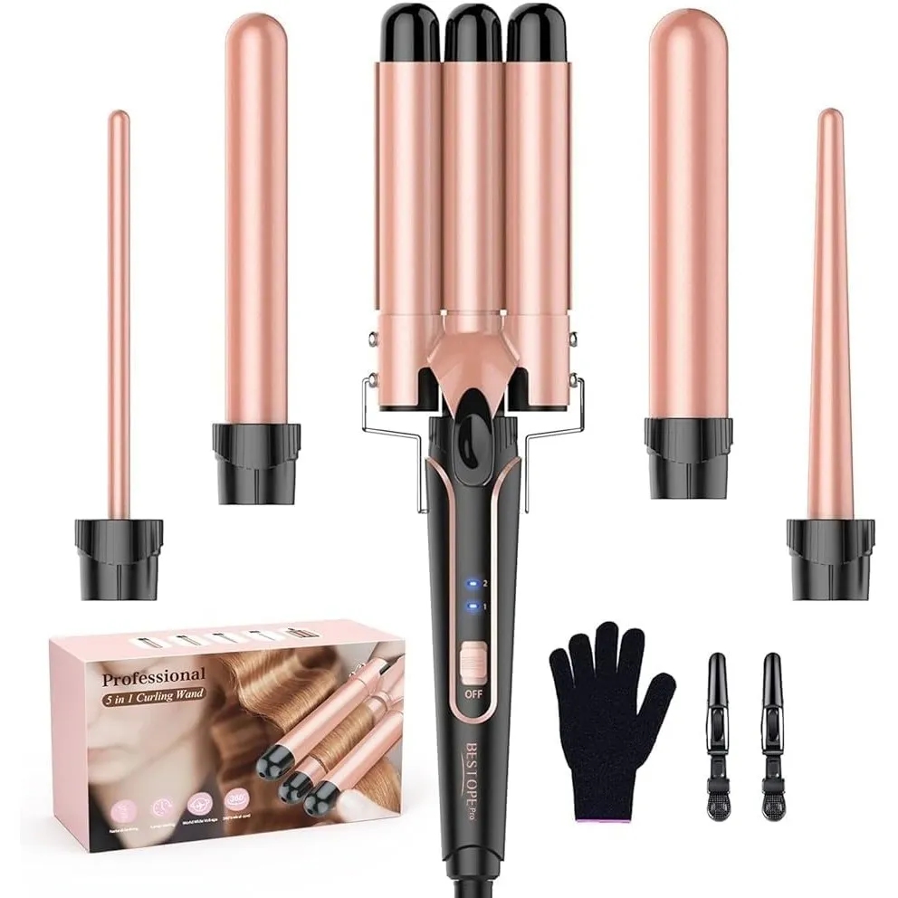 BESTOPE PRO Lockenstab Set 3 Fässer, 5 in 1 Welleneisen für große Wellen, Temperatureinstellung, Schnellaufheizung und …