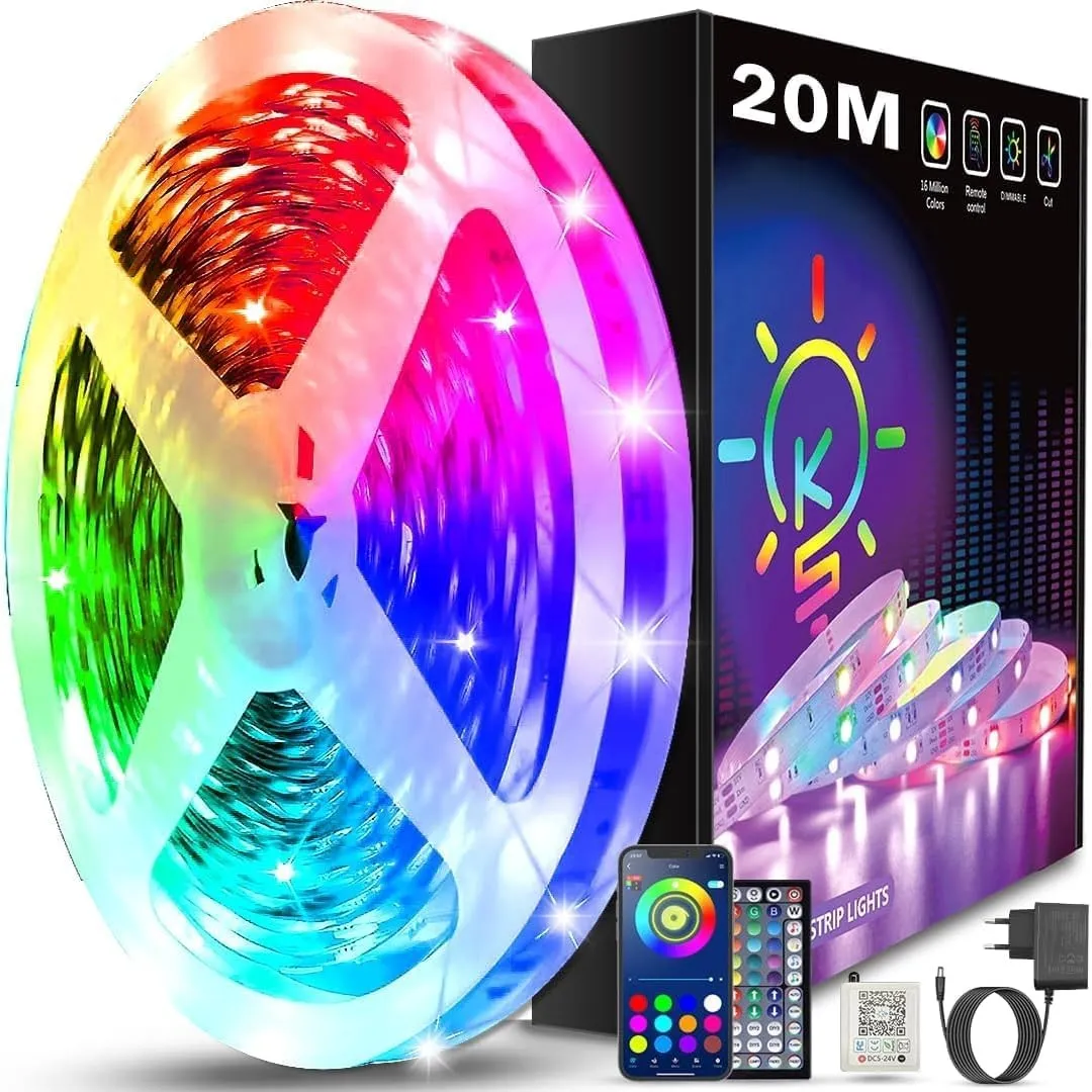 Keepsmile 20m RGB LED Strip Lights with Bluetooth APP, Remote & Timer Control, Dimmable LED Lights for Bedroom, Party, …