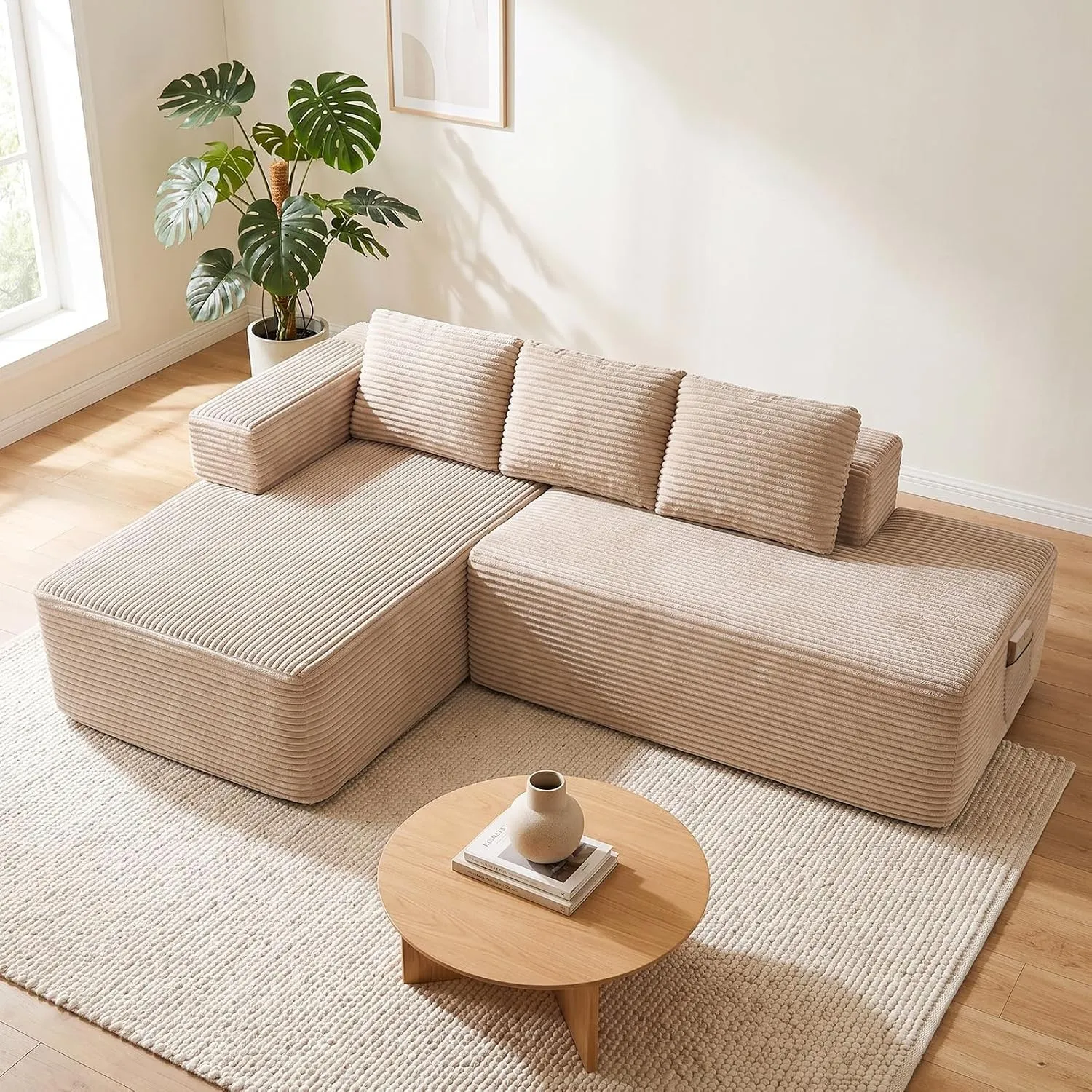 COMHOMA Ecksofa mit Schlaffunktion, 228cm Corduroy Modulares Boneless Couch mit Chaiselongue & Rücken-Metallgestell, L-…