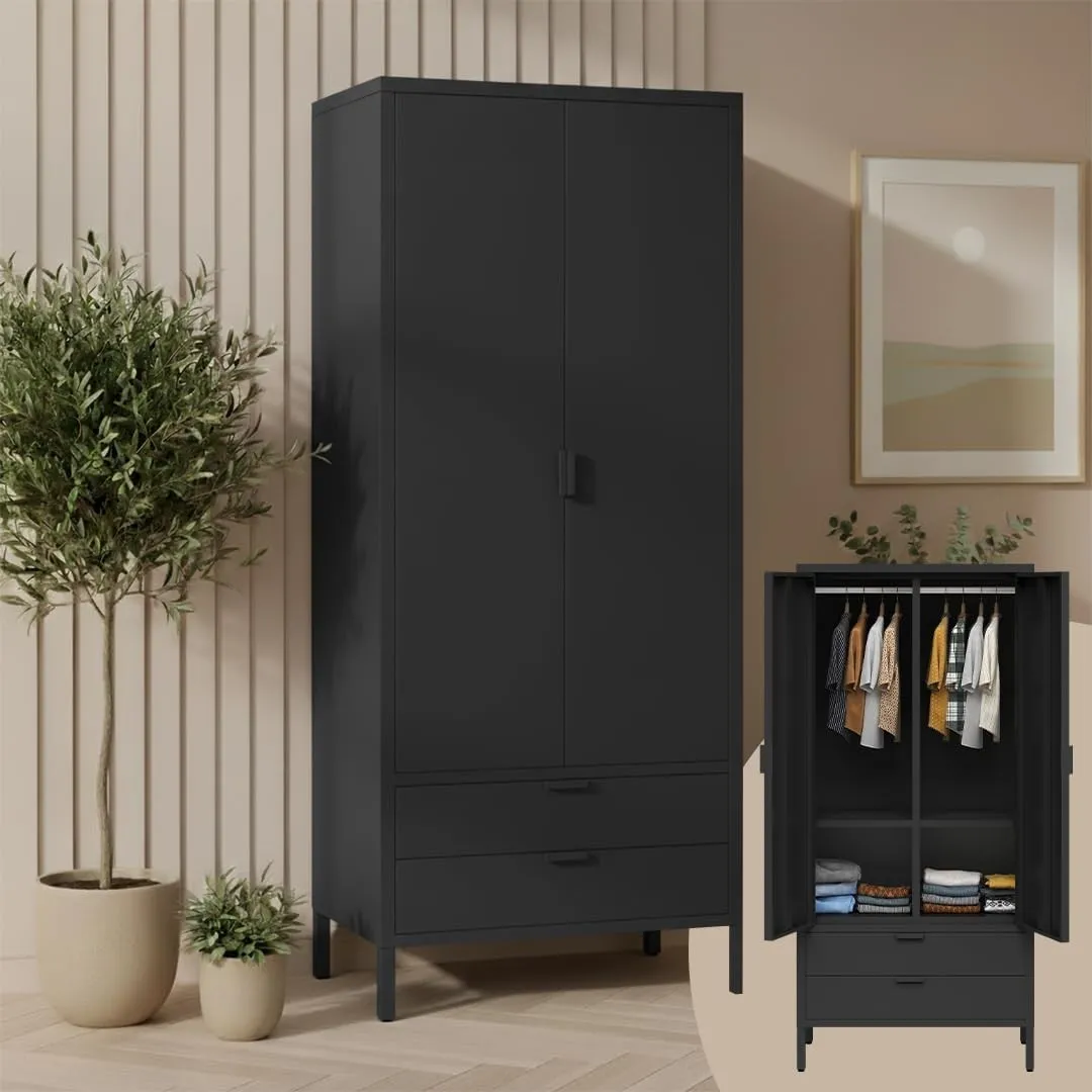 skølm Ituri Metallschrank 80 cm breit, Schwarz, mit 2 Schubladen, 6 Fächer
