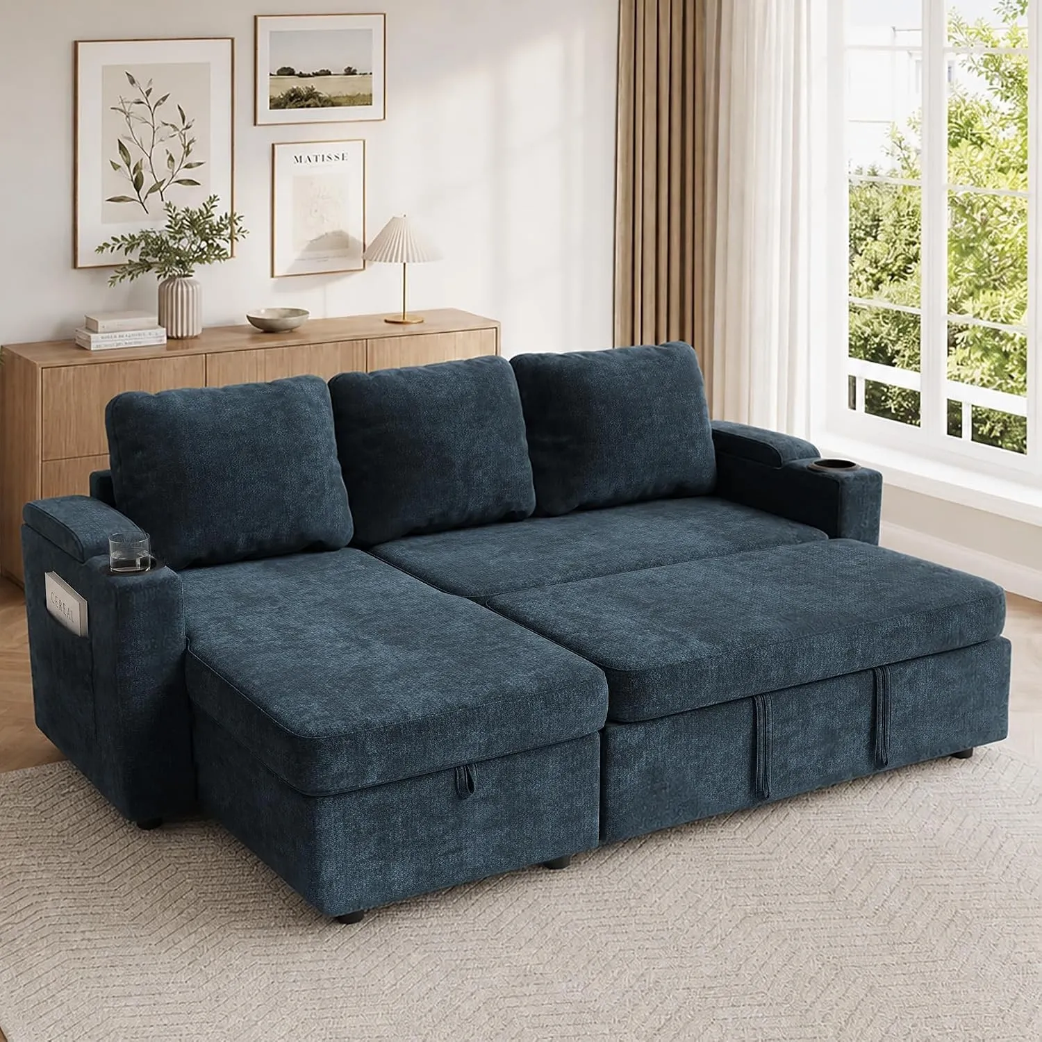 JUMMICO Schlafsofa mit Schlaffunktion 3-Sitzer mit Stauraum,Navy Blue