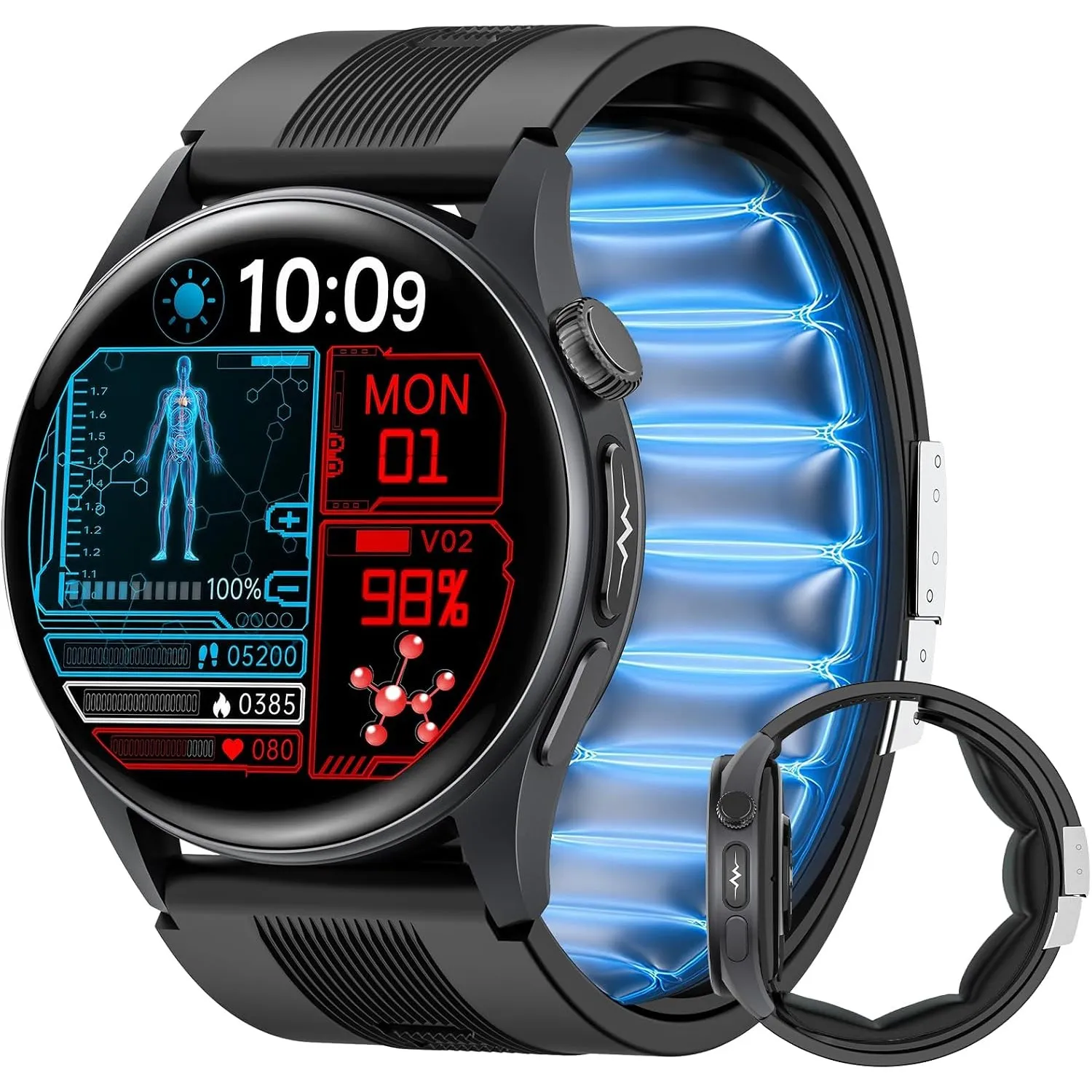 Smartwatch Herren mit Luftpumpe & Blutdruckmessung, EKG, HRV, Schwarz