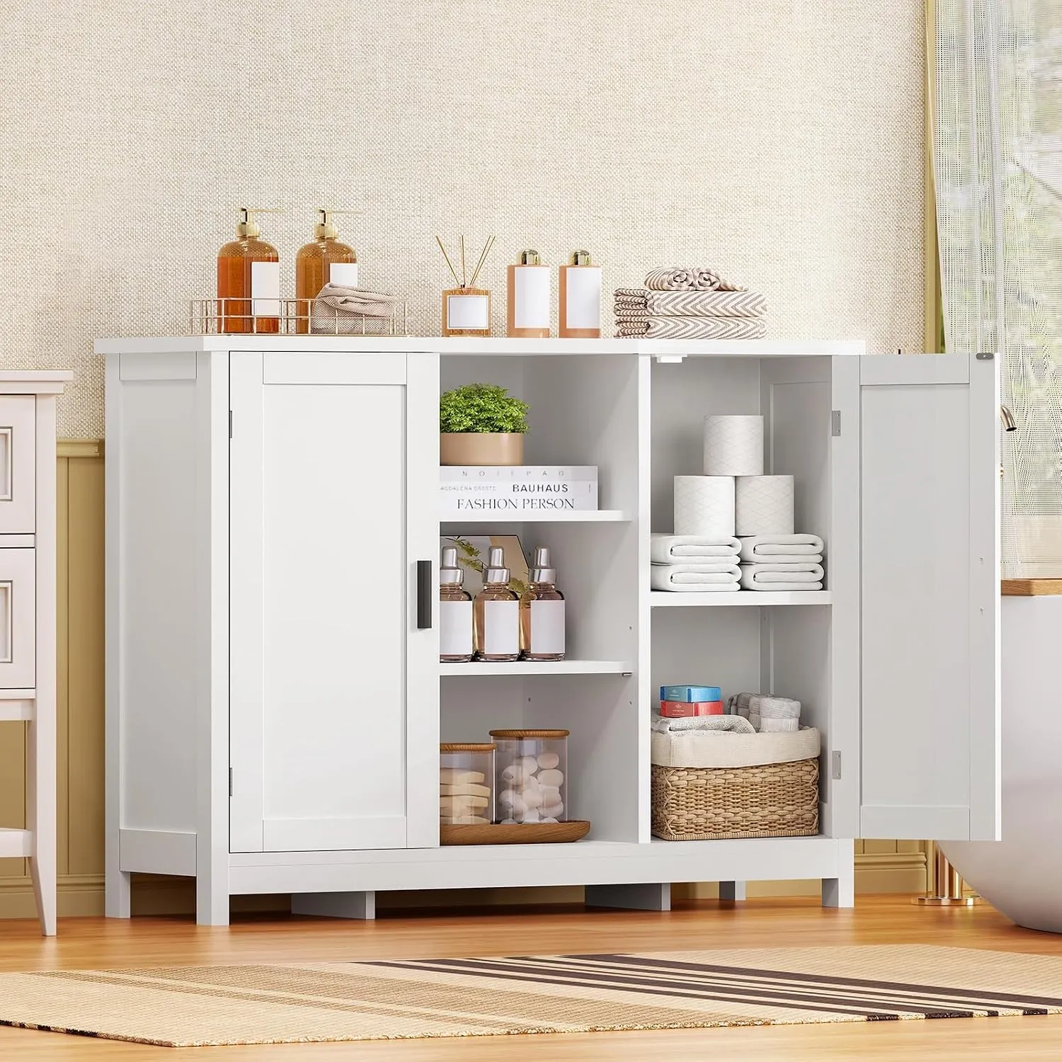 TEENFON Badezimmerschrank mit 2 Türen, 90 cm Badschrank mit Arbeitsplatte & offenen Fächern, Sideboard mit 4 Regalböden…