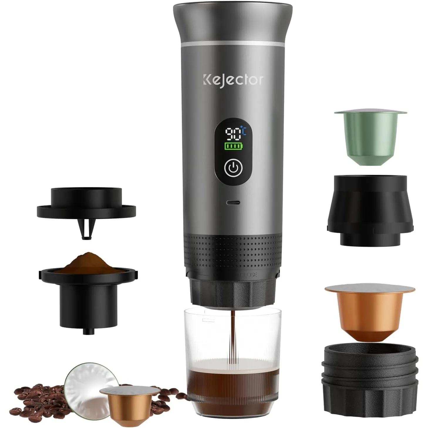 kejector 3-in-1 Tragbare Kaffeemaschine mit Selbstheizfunktion – 20 Bar, USB-C-aufladbar, Kompatibel mit Kaffeepulver u…