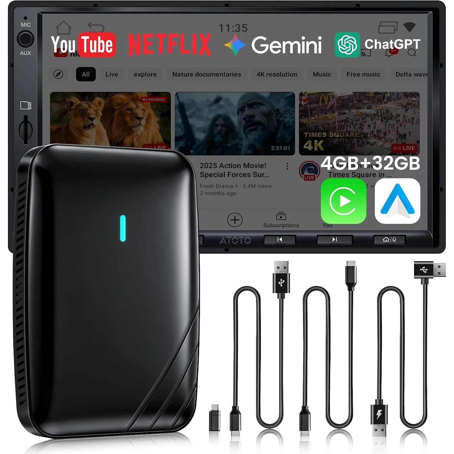 CarPlay AI Box, Wireless CarPlay Adapter Netflix/YouTube/TF-Karte 4GB+32GB - AI Box Android Auto Video Dongle, nur für …