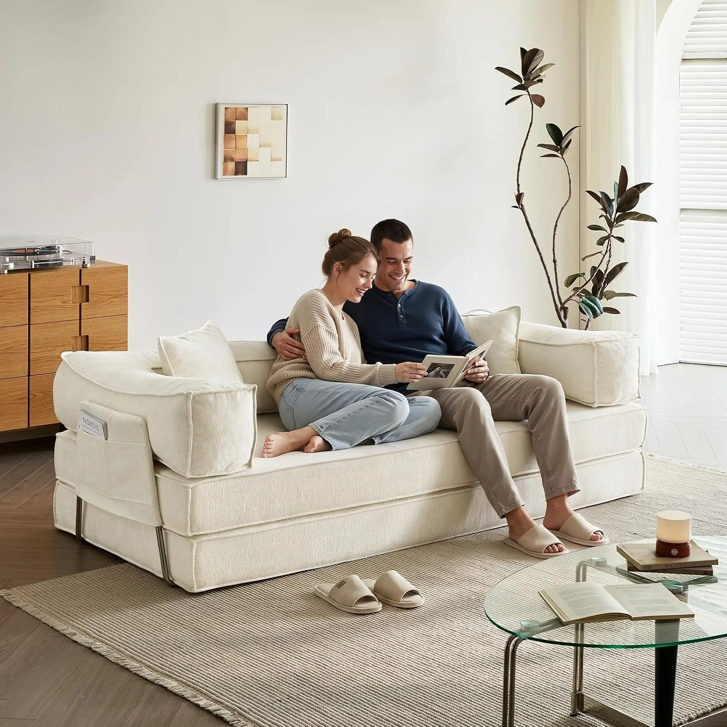 Schlafsofa 3-Sitzer 207cm, Bodensofa, Couch mit 2 Kissen, Beige Chenille