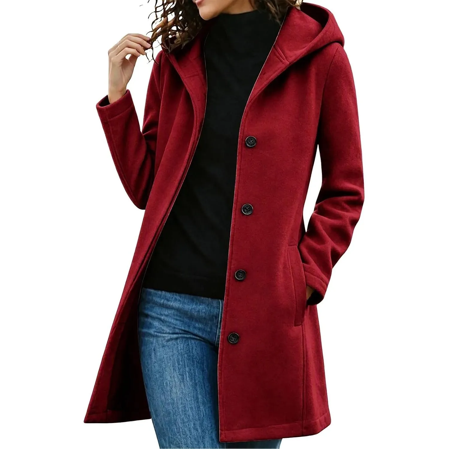 Damen Wintermantel mit Kapuze Übergangsmantel Einfarbig Langarm Winterjacke