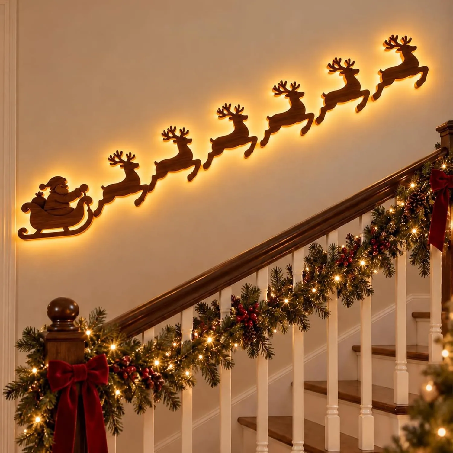 Weihnachtsdeko LED Rentier Wanddeko, 7er 3D Rentier Weihnachtsbeleuchtung Innen Wand Deko, Selbstklebende Holz Rentiere…
