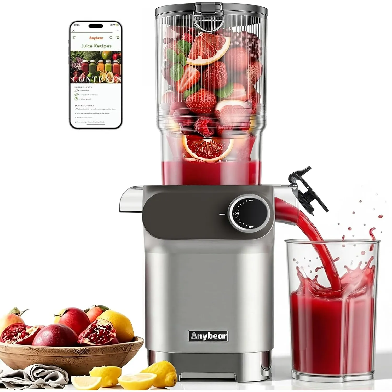 Anybear Entsafter 200W Slow Juicer, 110mm großem Einfüllschacht, Rezepte