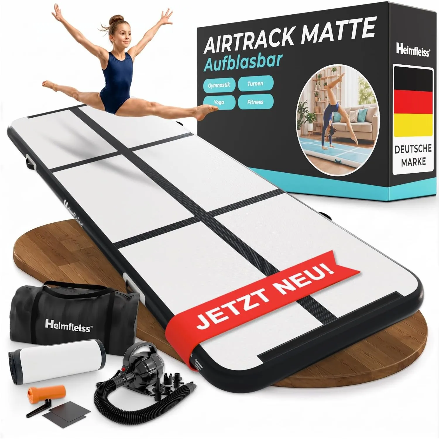 Heimfleiss® Airtrack Matte 300x100x10 cm | Aufblasbare Turnmatte mit Pumpe