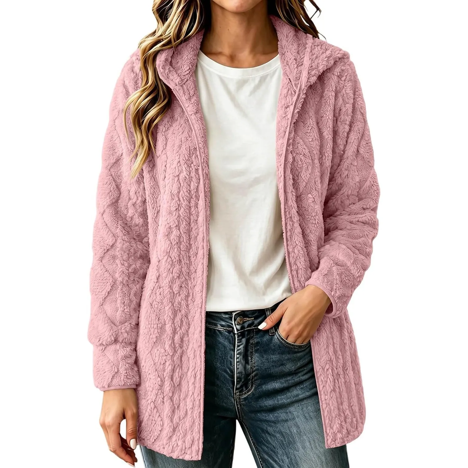 Teddyjacke Damen Einfarbig Langarm Hoodie Teddy Fleece Mantel mit Kapuze